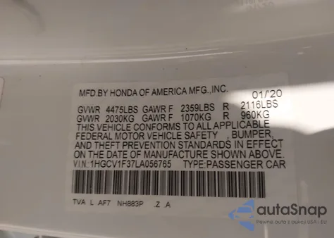 2020 Honda Accord Sport z USA, uszkodzony, nr VIN 1HGCV1F37LA056765